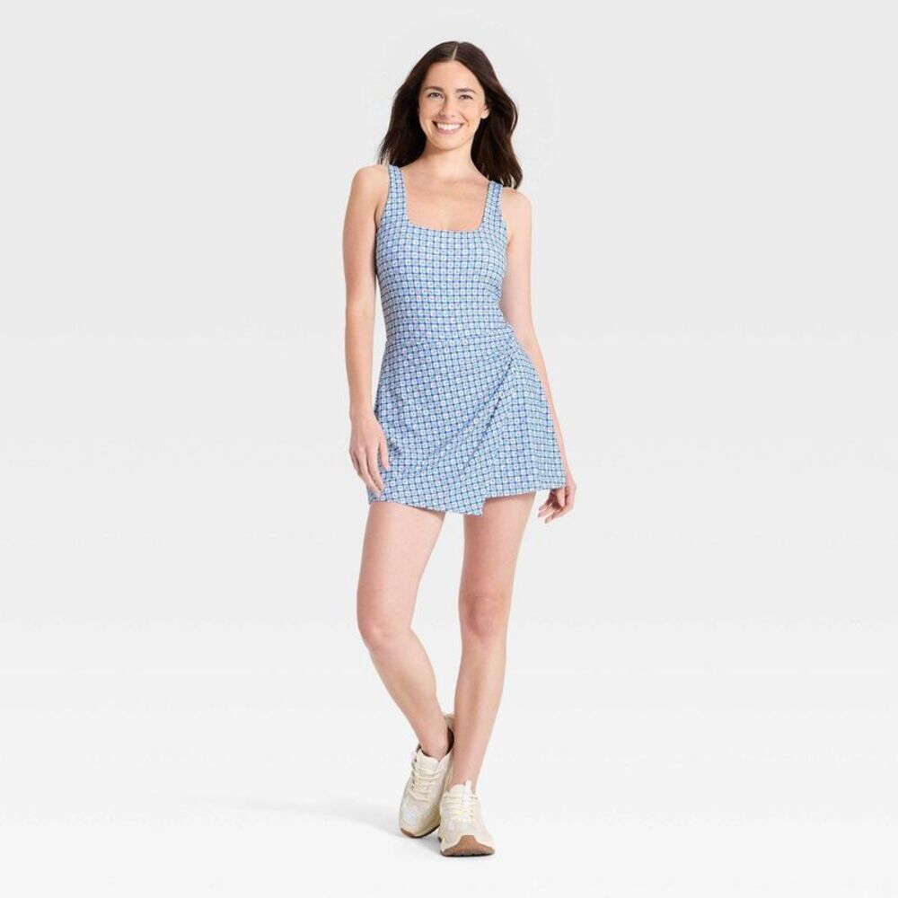 Women's Knit Side-Tie Active Dress - JoyLab Dark Blue Plaid Floral XXS